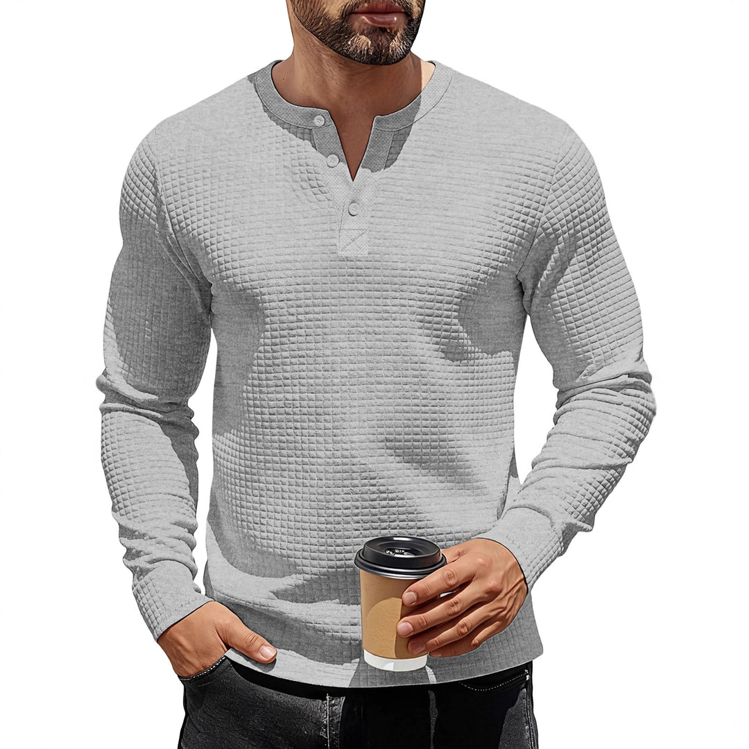 Herren nan strukturiertes Henley-Langarmshirt aus Waffelstrick mit Stehkragen und schmaler Silhouette Drune