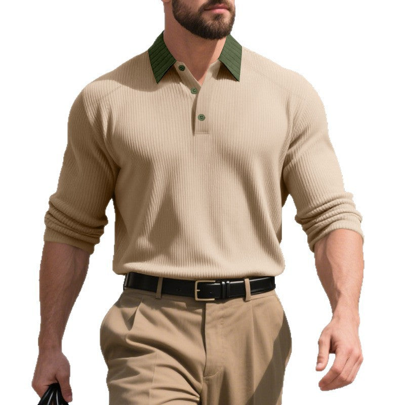 Herren nan geripptes Langarm-Polo mit Kentkragen und verdeckter Knopfleiste Drune