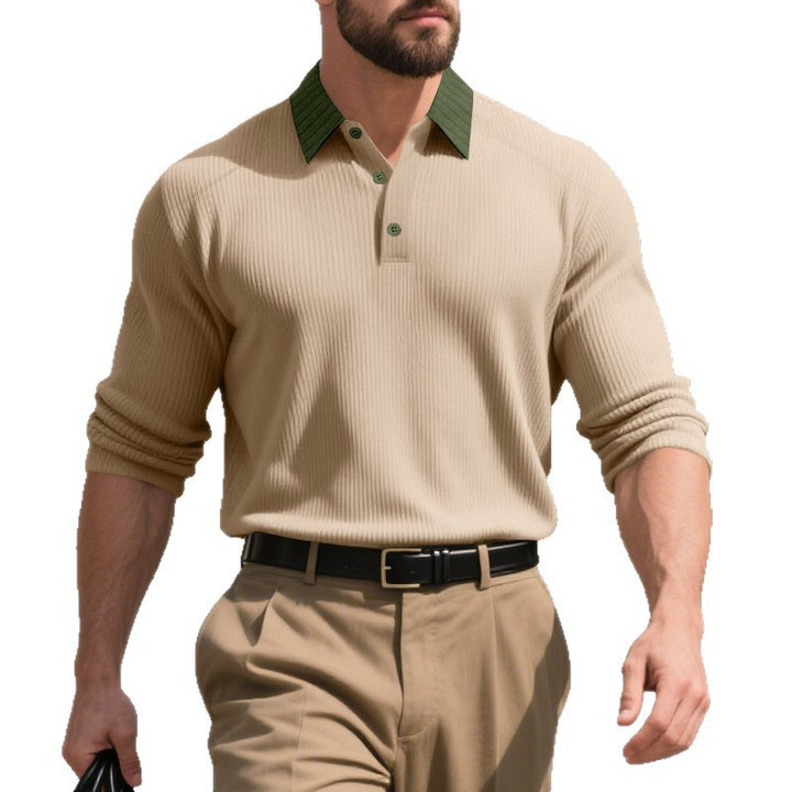 Herren nan geripptes Langarm-Polo mit Kentkragen und verdeckter Knopfleiste Drune