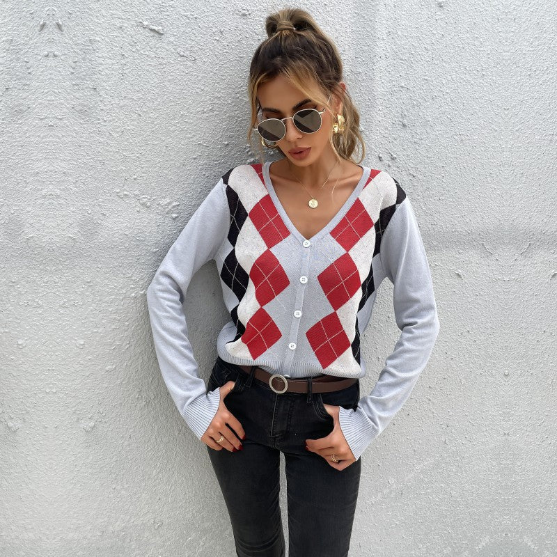 Damen modischer Strickcardigan mit Rautenmuster und Knöpfen Drune