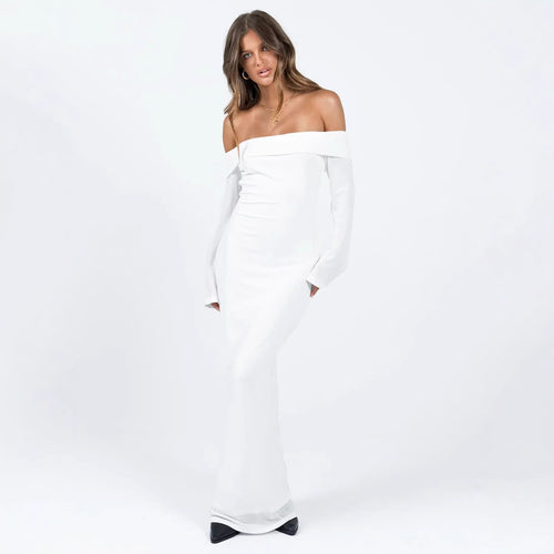 Damen Off-Shoulder Maxikleid mit langen Ärmeln und figurbetontem Schnitt Drune