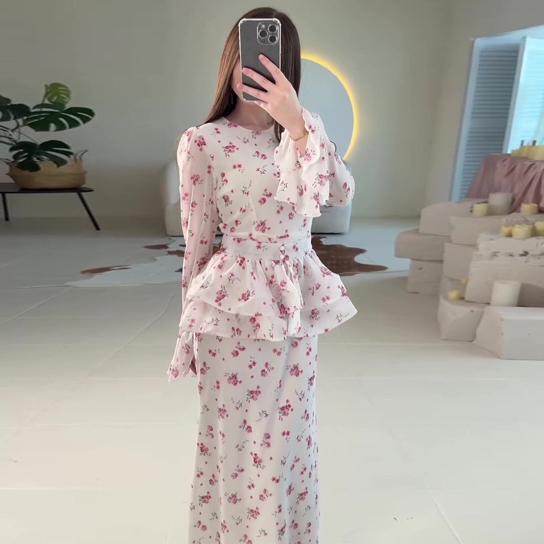 Damen Maxikleid mit voluminösem Peplum und floralen Akzenten Drune