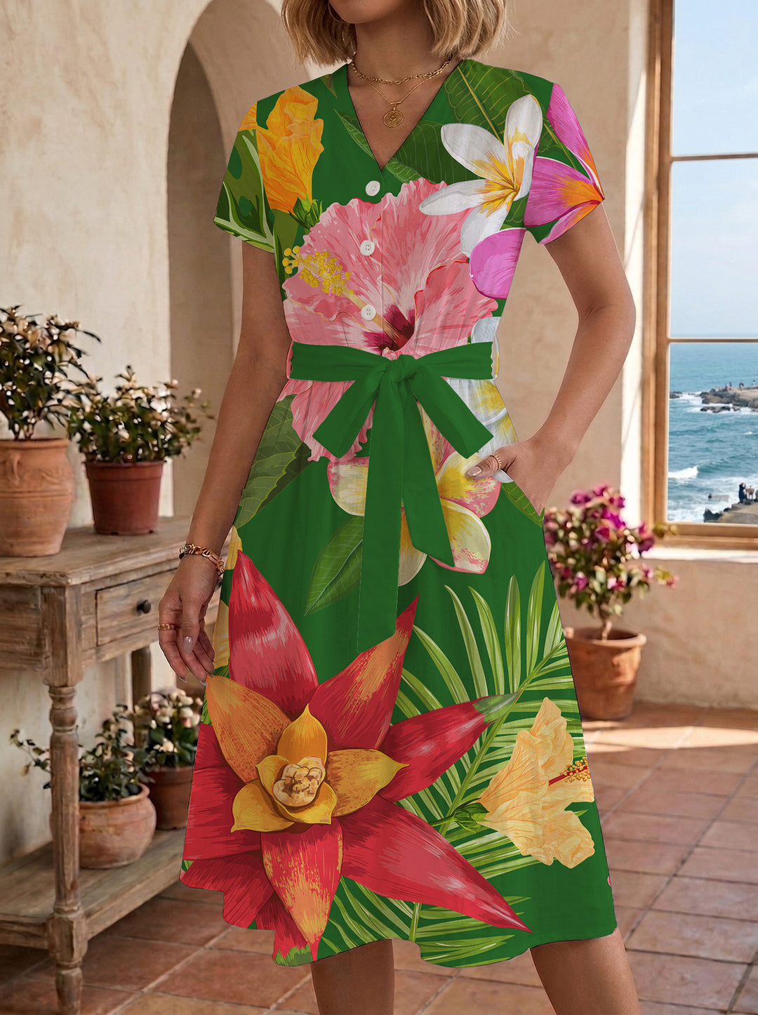Damen Midikleid mit floralem Motiv und Taillengürtel Drune