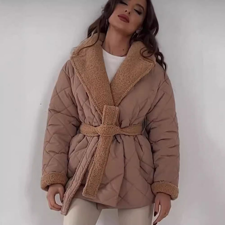 Damen gesteppte Winterjacke mit weichem Kragen und Gürtel Drune