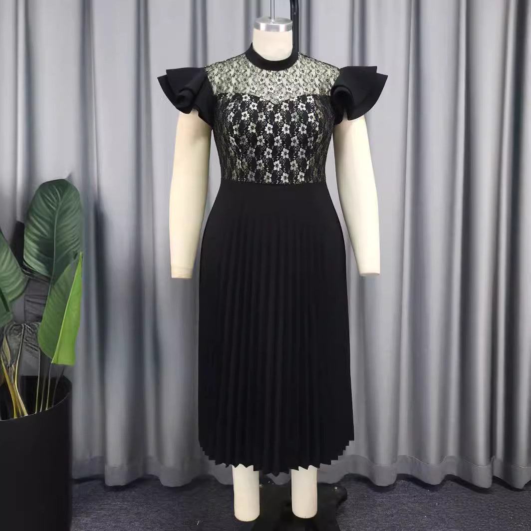 Damen Elegantes Plisseekleid mit floralem Spitzenoberteil Drune