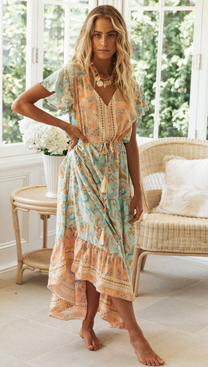 Damen luftiges Sommerkleid mit verspielten Volant-Ärmeln und elastischem Taillenzug Drune