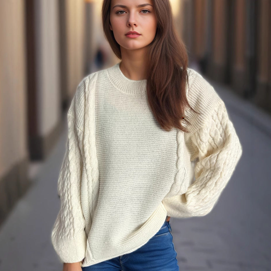 Damen Grobstrickpullover mit Zopf-Design und voluminösen Ärmeln Drune
