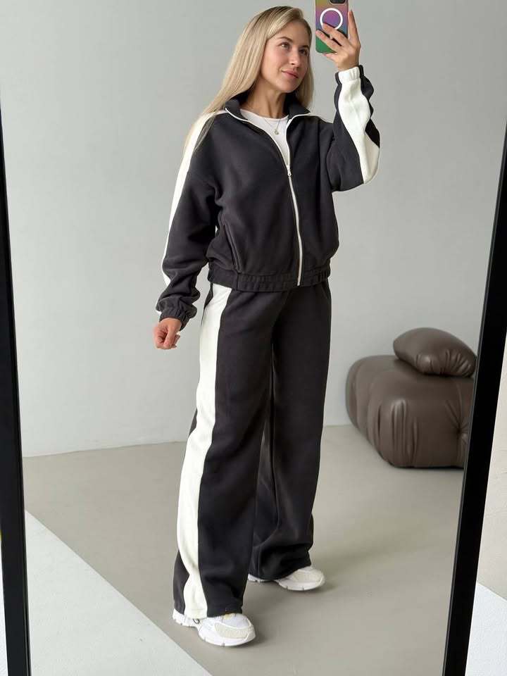 Damen sportlicher Fleece-Jogginganzug mit hohem Kragen und seitlichen Streifen Drune