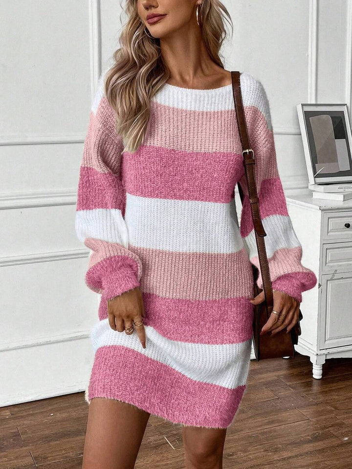 Damen Gemütlicher Strickkleid mit modischem Streifenmuster Drune