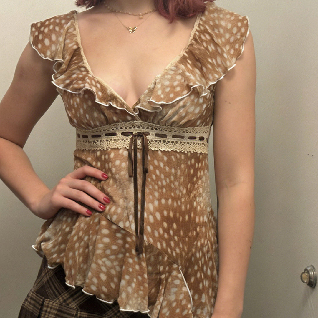 Damen asymmetrisches Sommerkleid mit Rüschen und Spitzenakzenten Drune