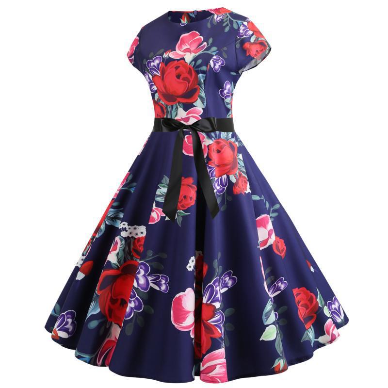 Damen Midikleid mit floralen Mustern und schwingendem Rock Drune