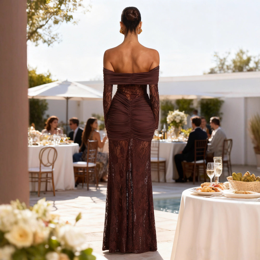 Damen Elegantes Spitzen Abendkleid mit schulterfreier Silhouette und raffinierten Rüschendetails Drune