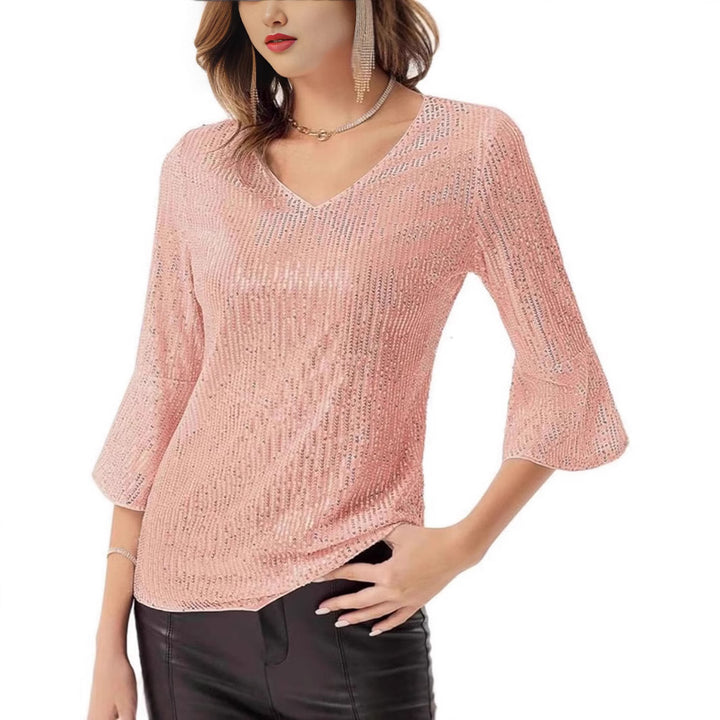 Damen Glamouröses Strickoberteil mit V-Ausschnitt und funkelnden Akzenten Drune