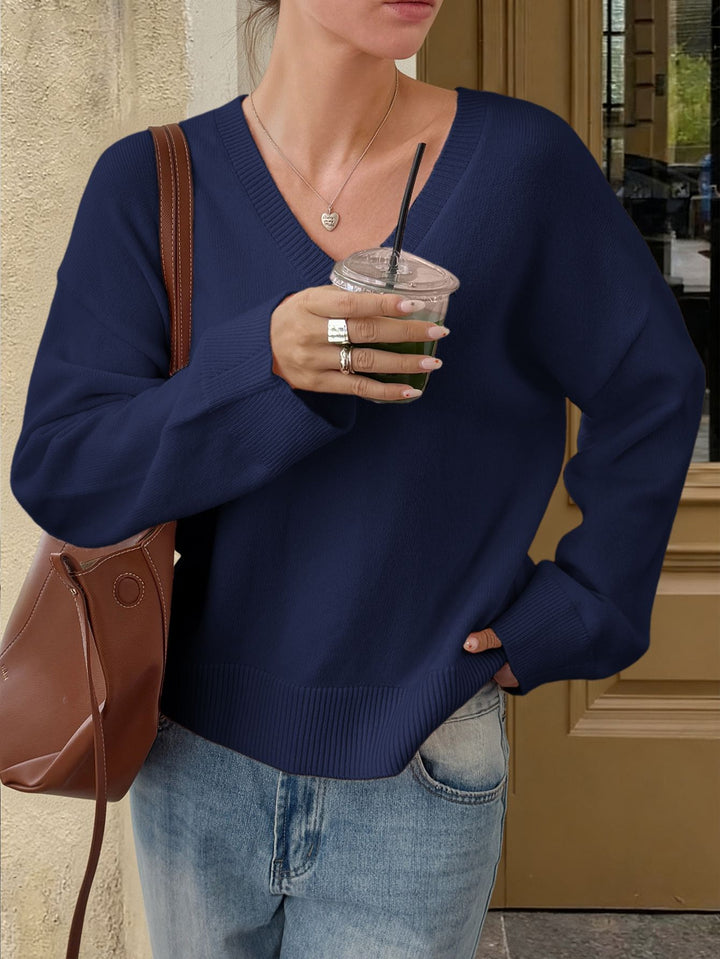 Damen nan oversized V-Ausschnitt Feinstrickpullover mit überschnittener Schulter, langen Kimonärmeln und breitem Rippbund Drune
