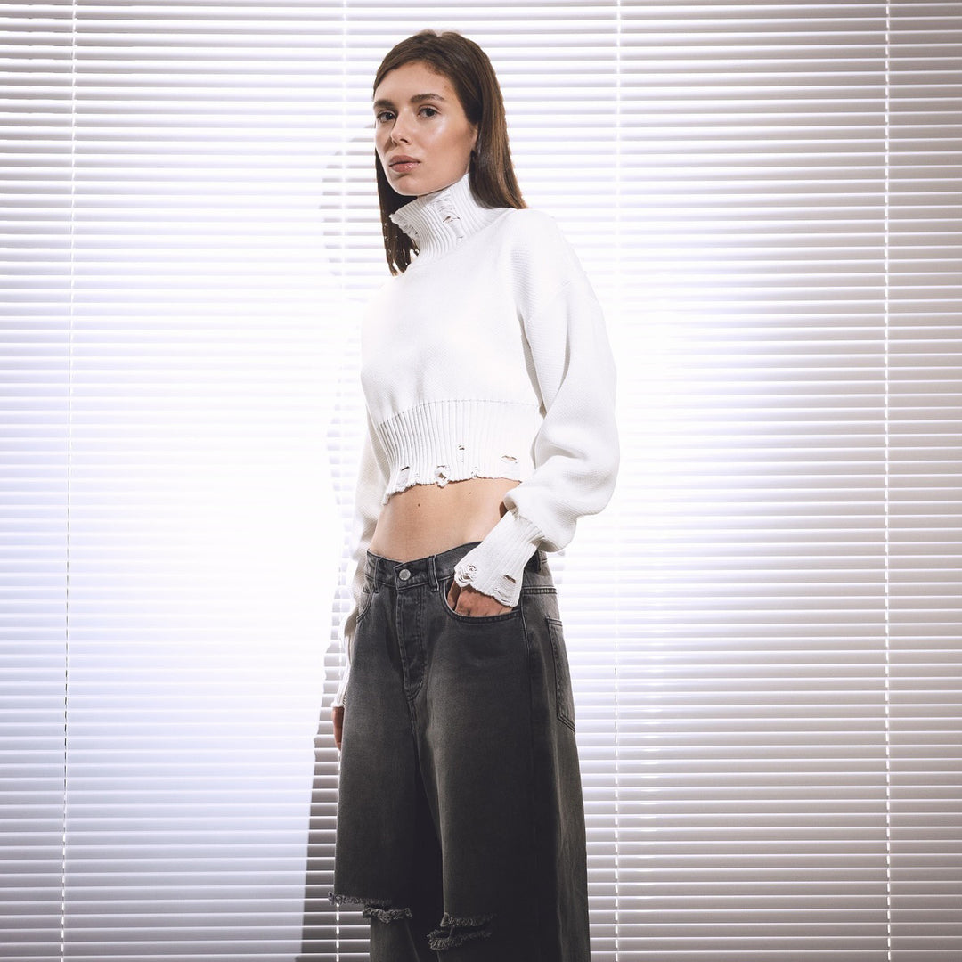 Damen trendiger Cropped Pullover mit modernem Rippdesign und verspielten Details Drune