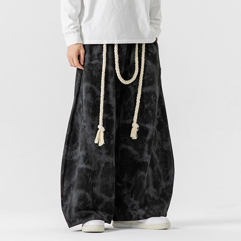 Unisex nan weite Batik-Haremshose mit dekorativem Kordelbund und tiefem Schritt Drune
