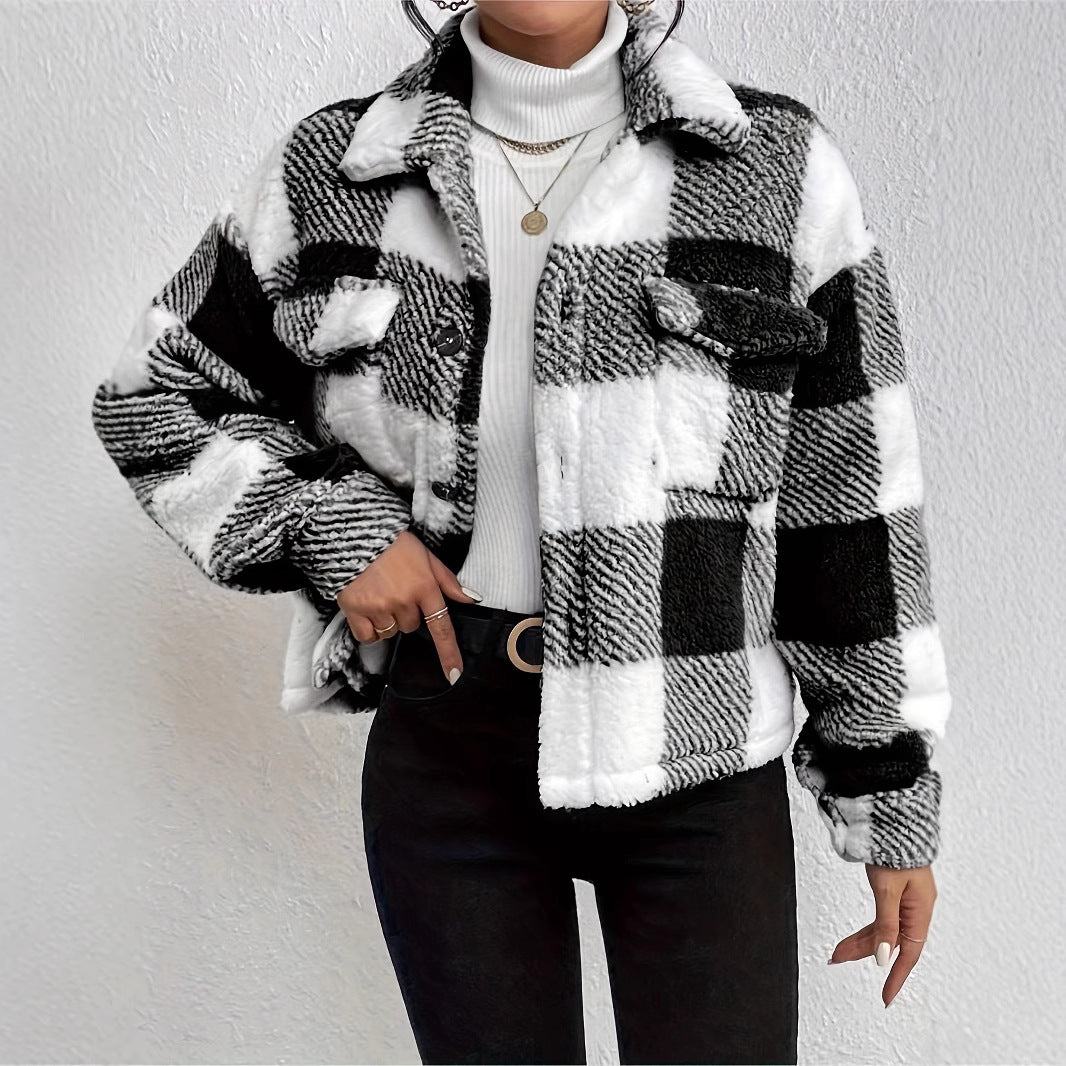 Damen Kuschelige Karojacke mit Umlegekragen Drune