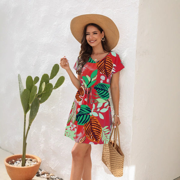 Damen Sommerliches Freizeitkleid mit floralem Muster und Taillengürtel Drune