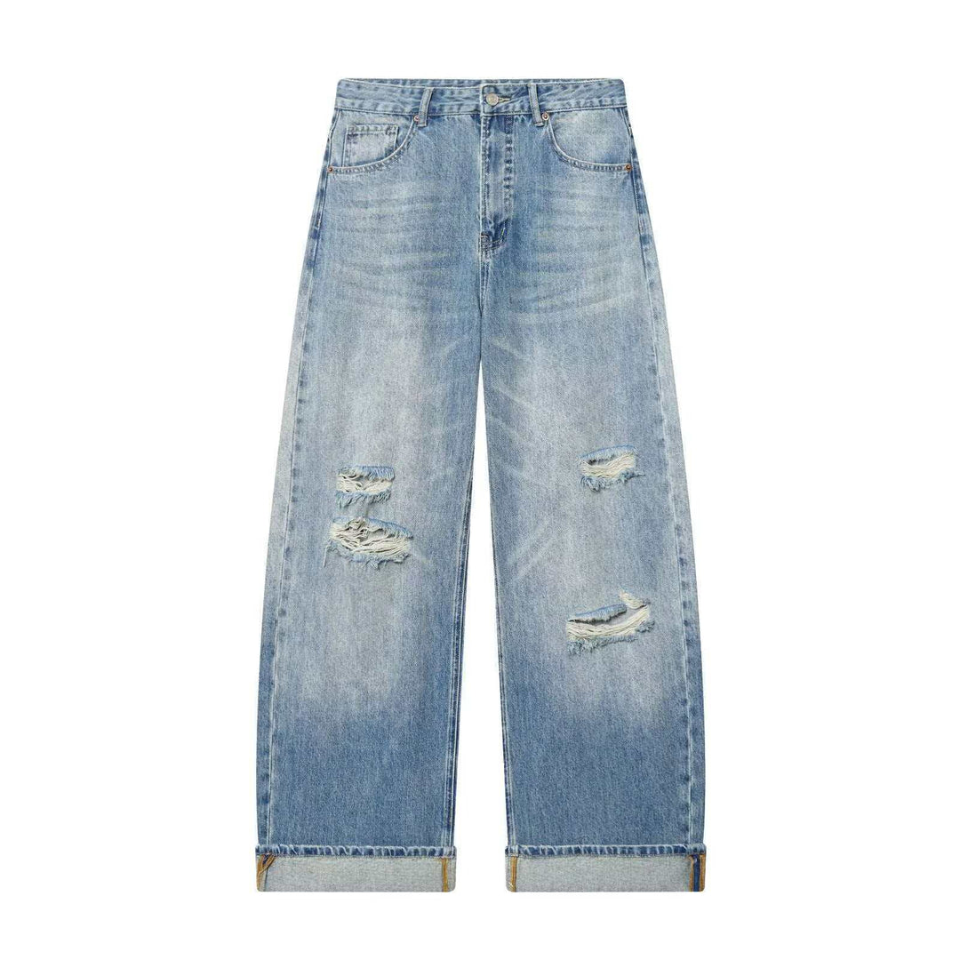 Damen nan weite High‑Waist Ripped Jeans mit Straight‑Leg, aufgekrempeltem Saum und klassischen Taschen Drune