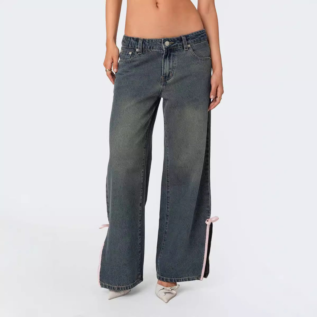 Damen Hohe Taillen Denim-Hose mit modischen Schleifendetails Drune