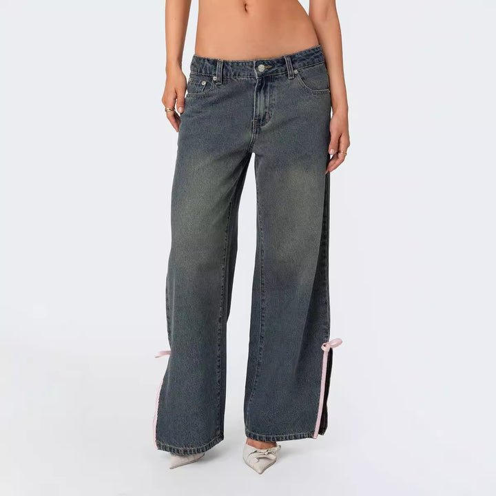 Damen Hohe Taillen Denim-Hose mit modischen Schleifendetails Drune