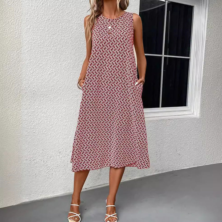 Damen nan ärmelloses A-Linien-Midikleid mit Rundhalsausschnitt, seitlichem Beinschlitz und feinem Geometrie-Print Drune