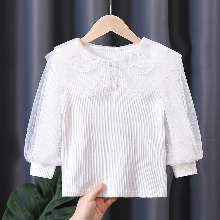Damen elegante Bluse mit Puffärmeln und Spitzenkragen Drune