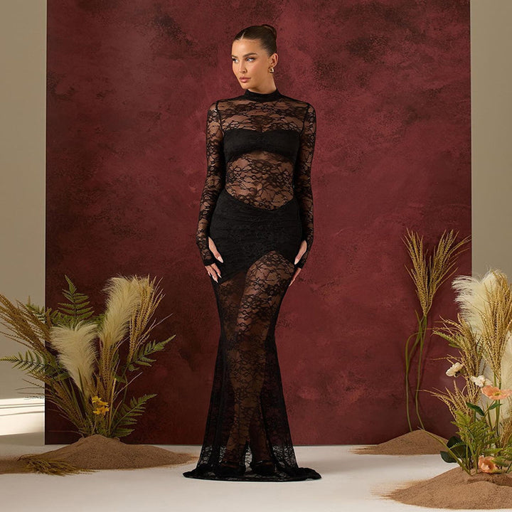 Damen Elegantes Spitzenkleid mit hohem Kragen und langem Ärmel Drune