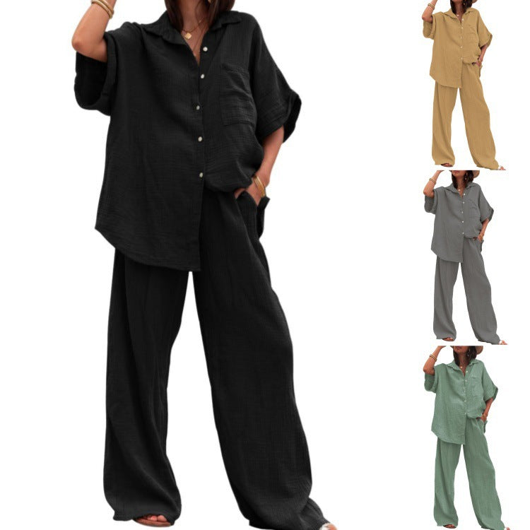 Damen luftiges Oversize-Hemd und weite Hose Set Drune