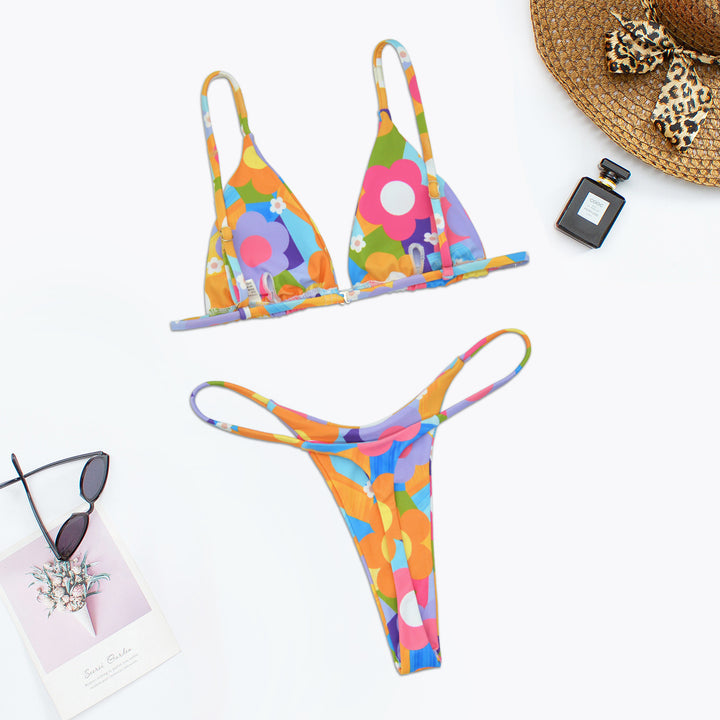 Damen Triangel-Bikini mit buntem floralem Design und eleganten Kettendetails Drune