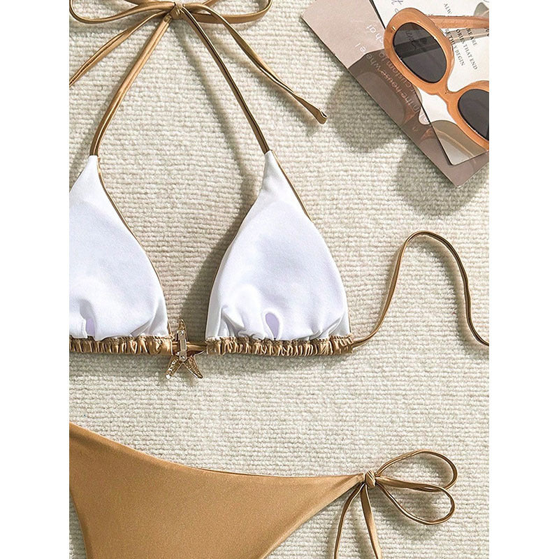 Damen Triangel-Bikini mit glänzender Textur und verstellbaren Bindebändern Drune