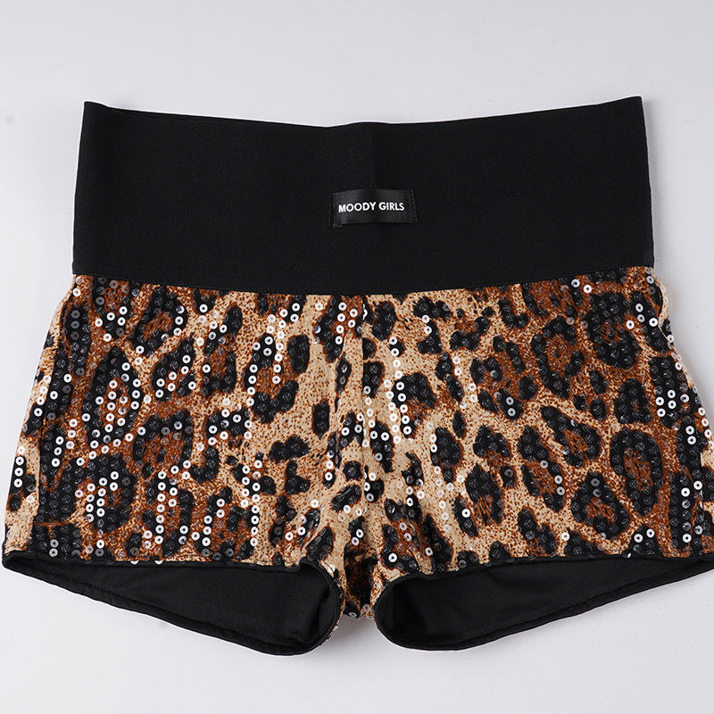 Damen Glitzerndes Minikleid mit Leopardenmuster und Spaghettiträgern Drune