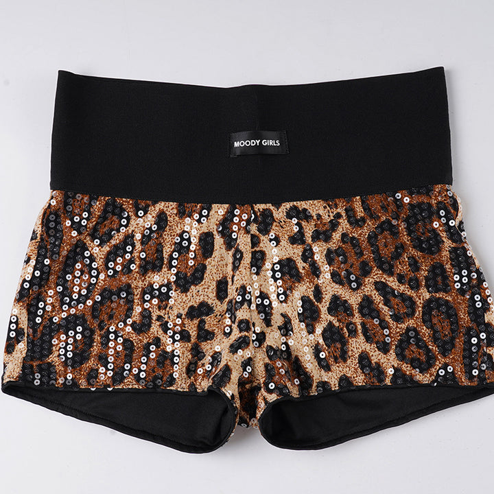 Damen Glitzerndes Minikleid mit Leopardenmuster und Spaghettiträgern Drune