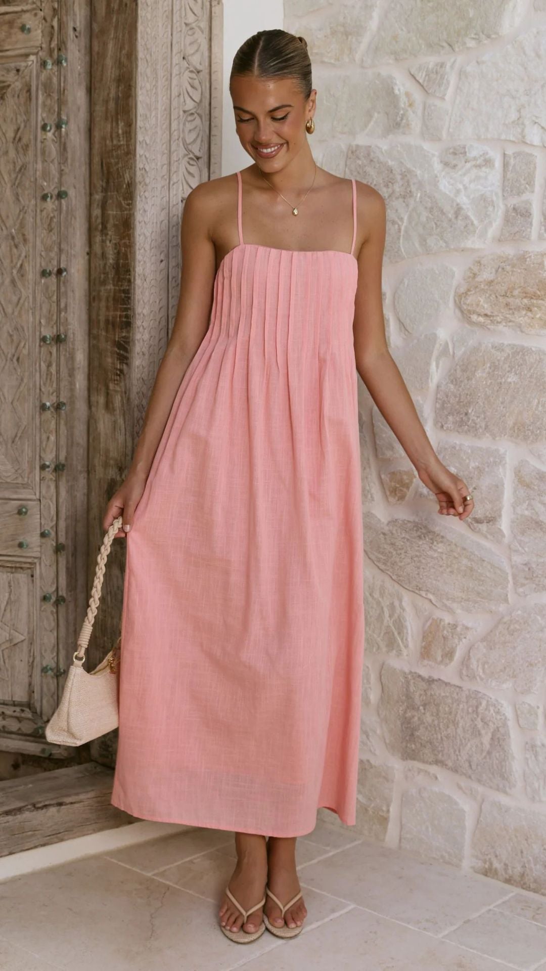 Damen Maxikleid mit gerafftem Oberteil und spaghettiträgern Drune