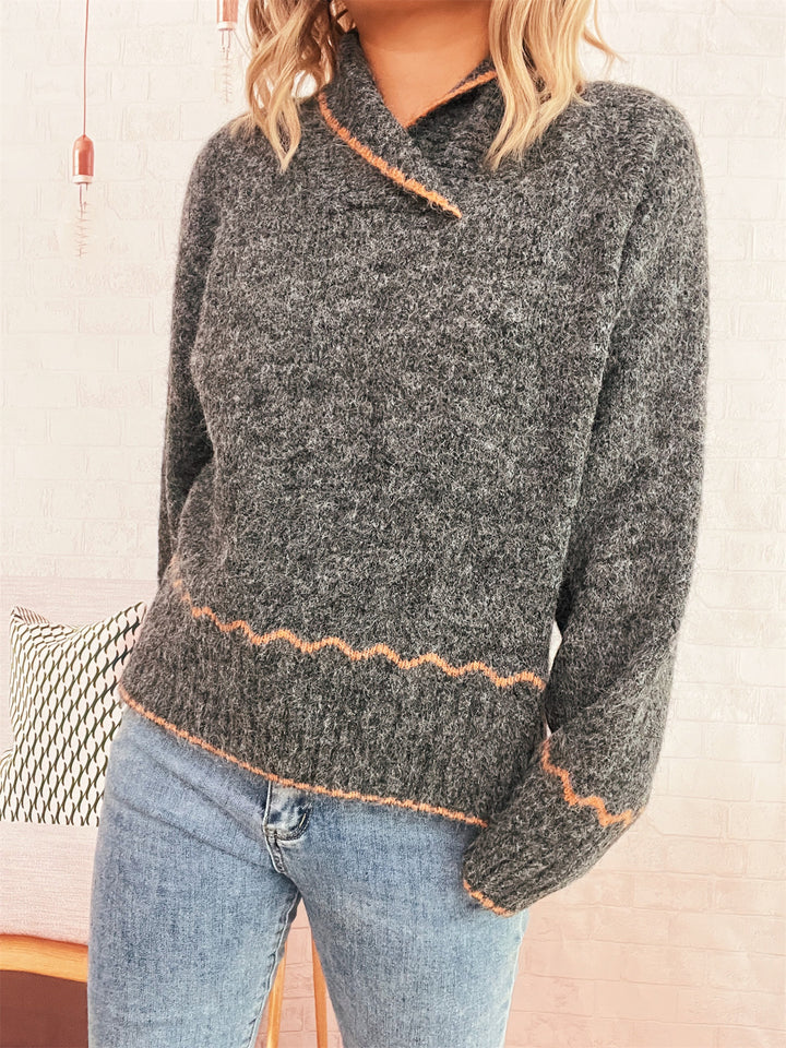 Damen lässiger Strickpullover mit modischem Kragen und fransigen Akzenten Drune