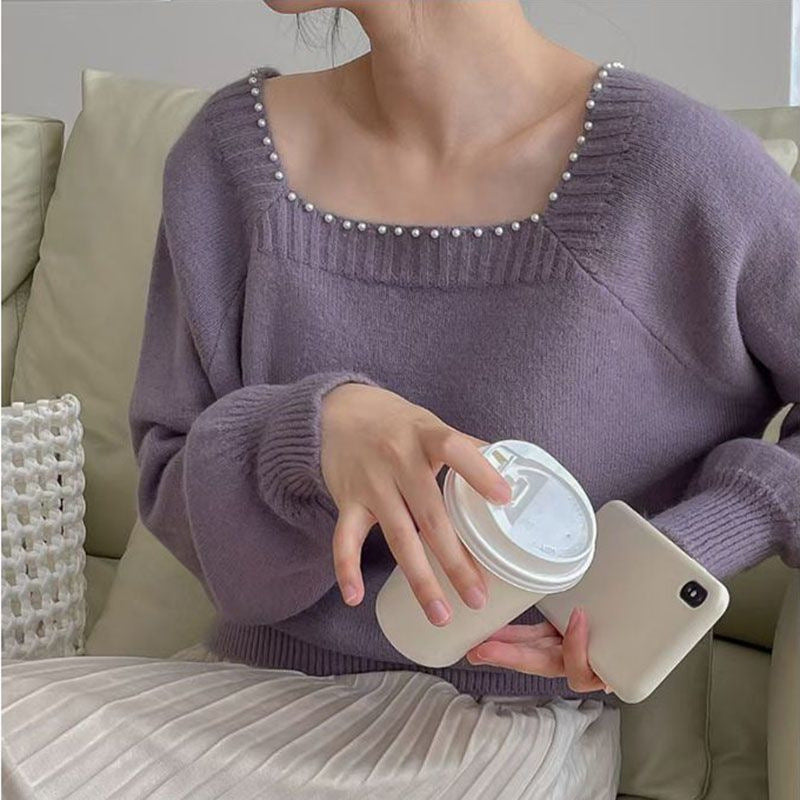 Damen lässiger Pullover mit elegantem Perlenkragen Drune