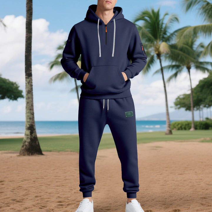 Herren nan Half-Zip Kapuzenpullover und tapered Jogginghose Set mit Kängurutasche, Reißverschlussdetails und elastischem Tunnelzugbund Drune