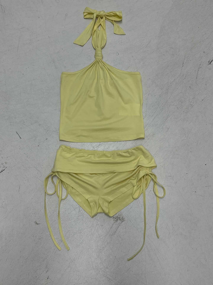Damen hochwertiges Badeanzug-Set mit verstellbarem Haltertop und Rüschenhosen Drune