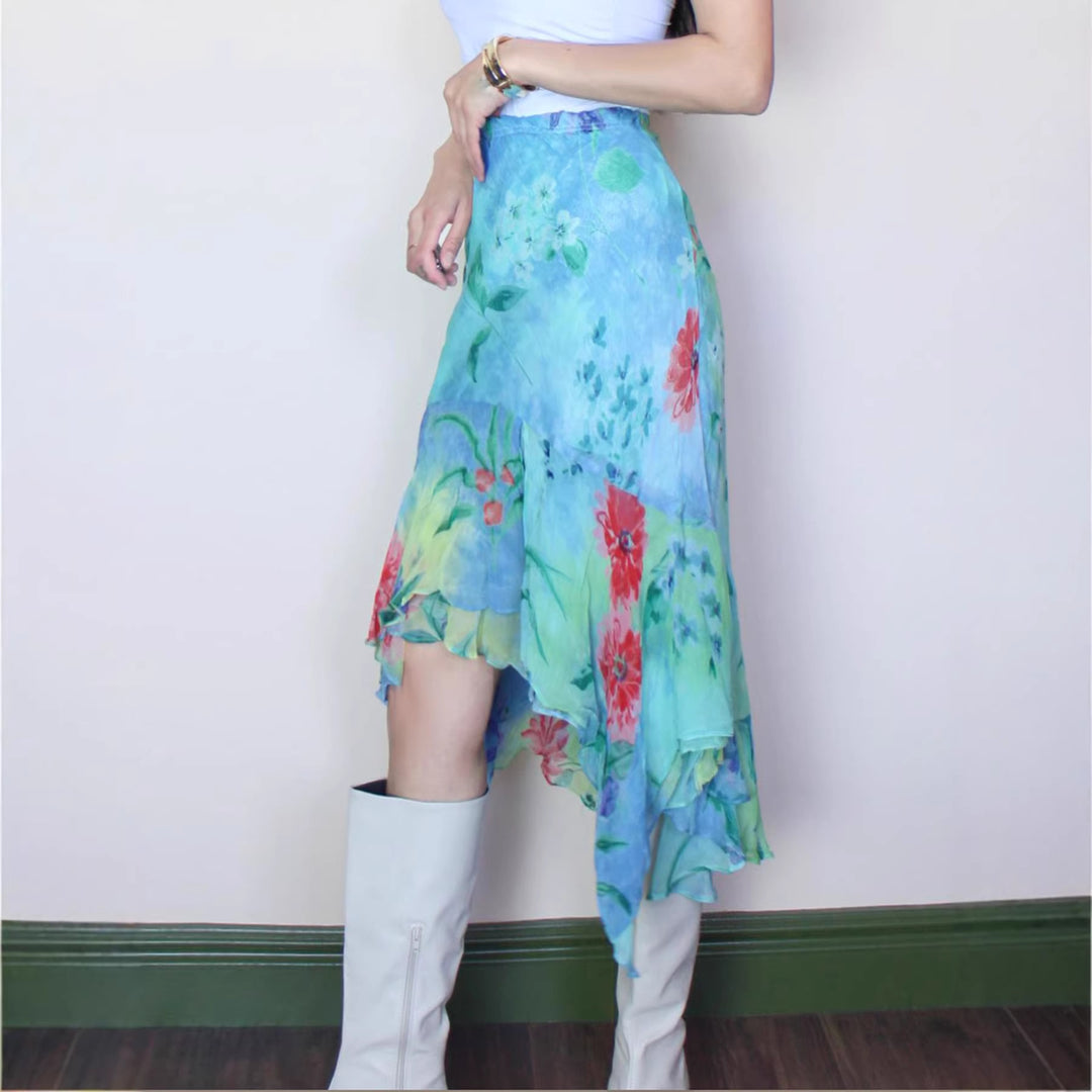 Damen asymmetrischer Rüschenrock aus floralem Chiffon Drune