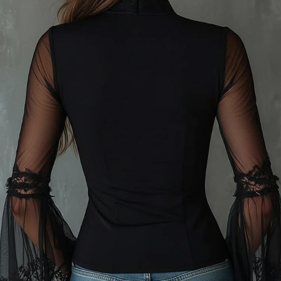 Damen stilvoller Body mit Netzärmeln und Reißverschluss Drune