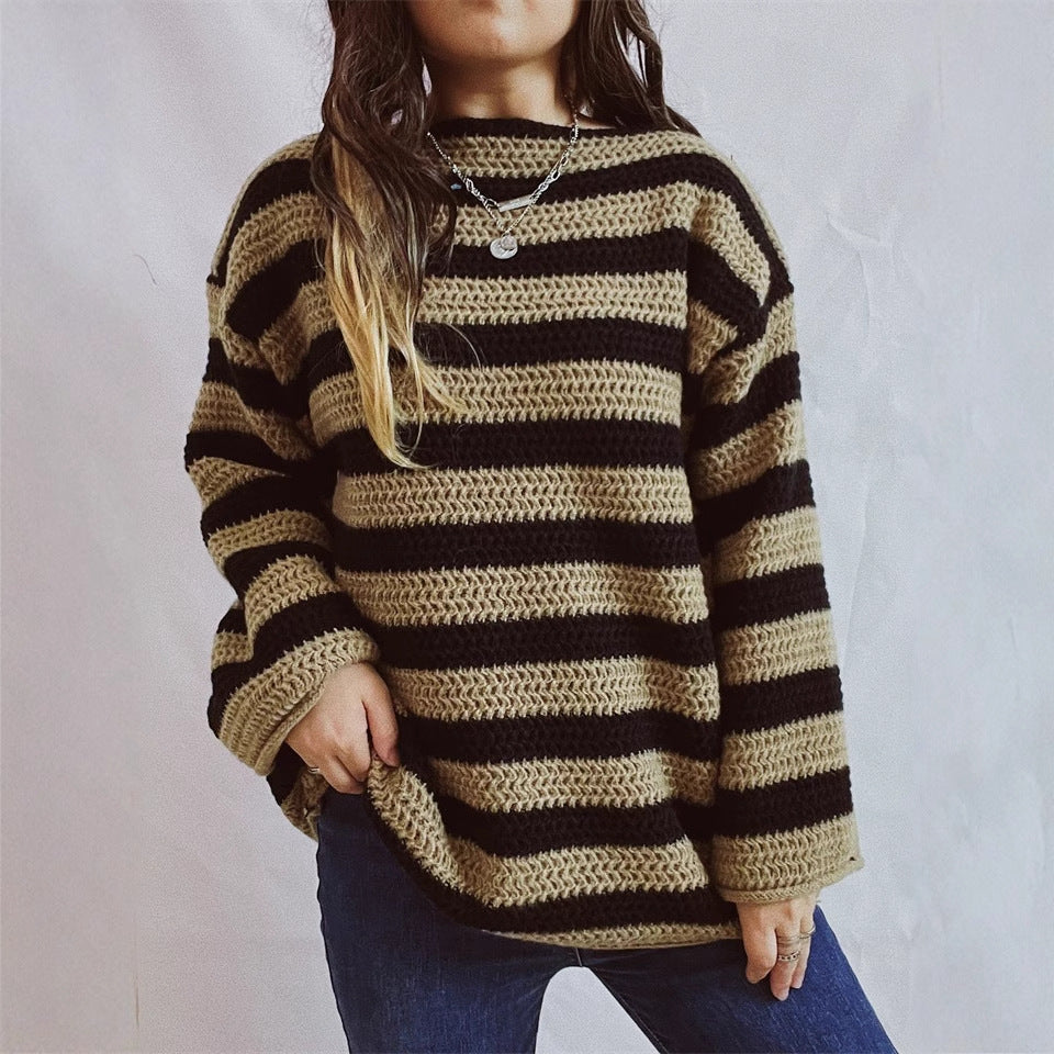Damen lässiger Strickpullover mit kontrastierenden Streifen und weitem Schnitt Drune