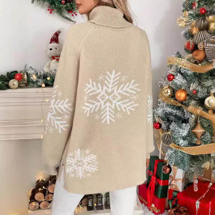 Damen Strickpullover mit hohem Kragen und festlichem Schneeflocken-Motiv Drune