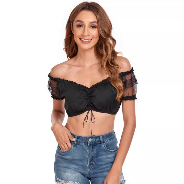 Damen  Dirndlbluse Carmen Ausschnitt mit Spitzenärmeln und Bindeband Drune