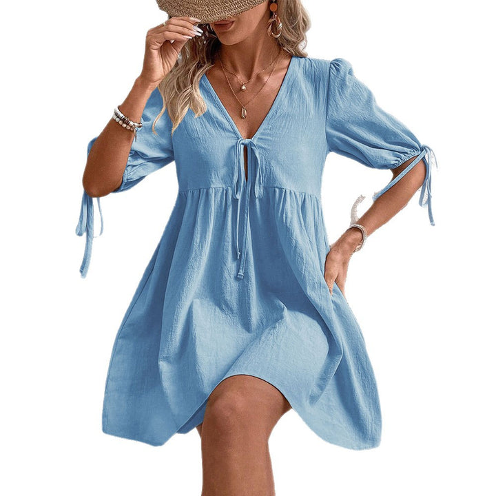 Damen lässiges Sommerkleid mit V-Ausschnitt und Rüschendetails Drune