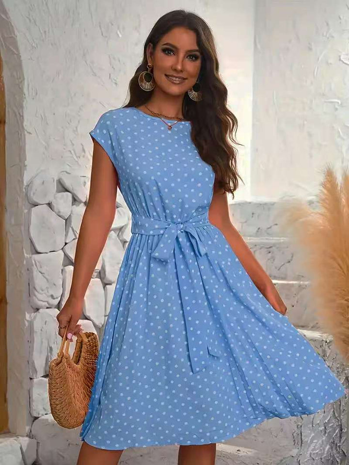 Damen Midikleid mit taillierendem Bindegürtel und verspieltem Polka-Dots Design Drune