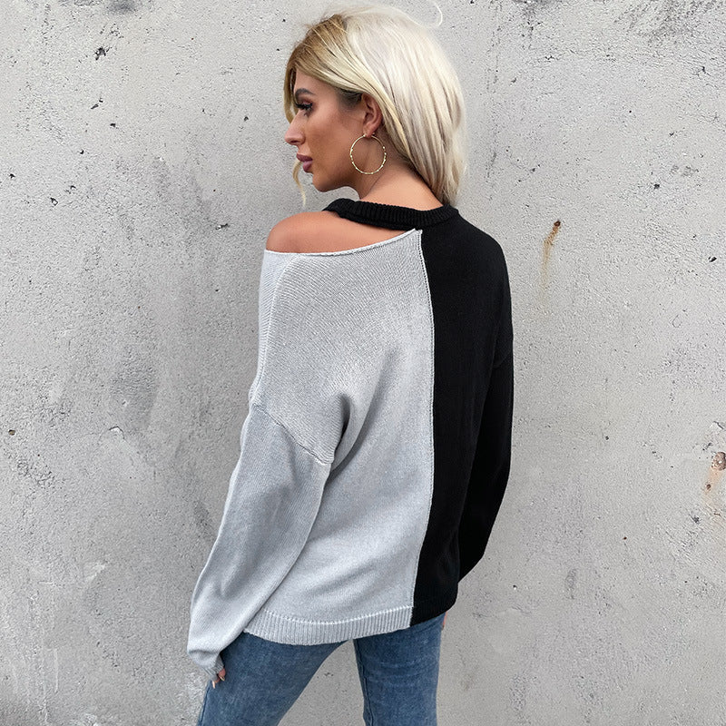Damen asymmetrischer Strickpullover mit Schultercut-Out und kontrastierenden Farben Drune