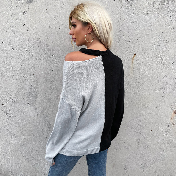 Damen asymmetrischer Strickpullover mit Schultercut-Out und kontrastierenden Farben Drune