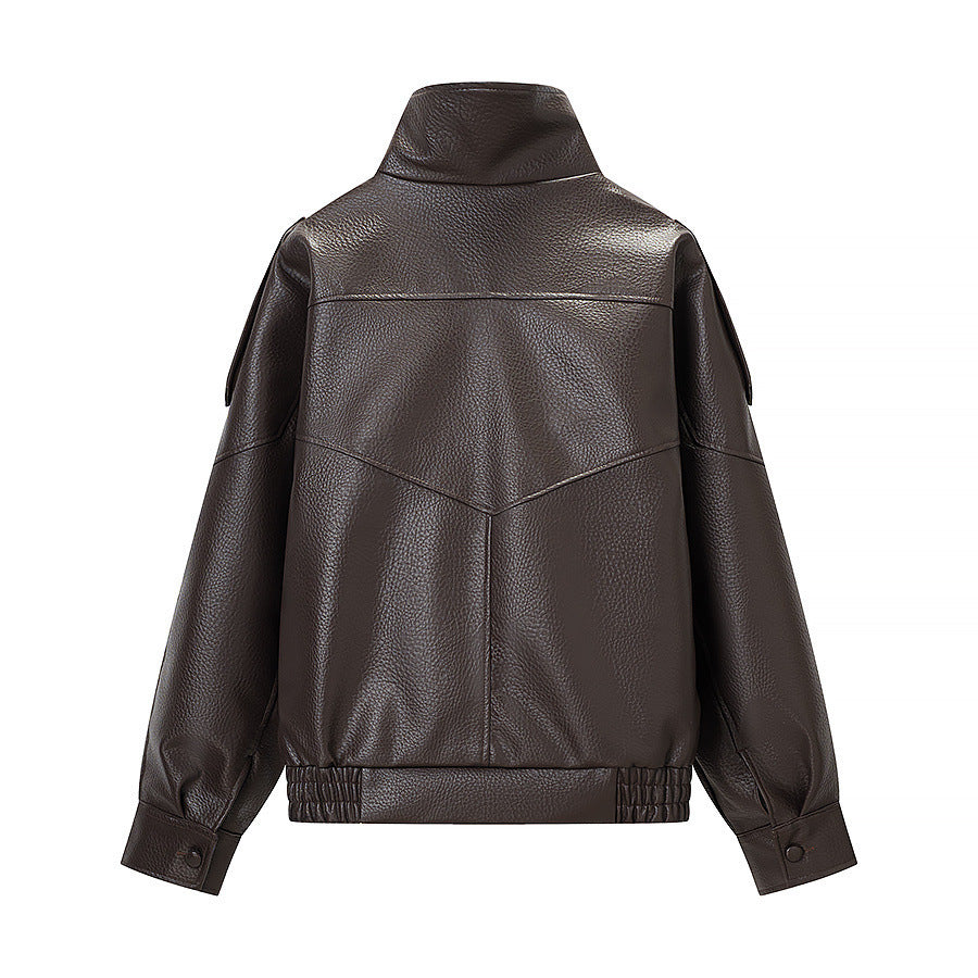 Damen modische Kunstlederjacke mit hohem Kragen und praktischen Taschen Drune