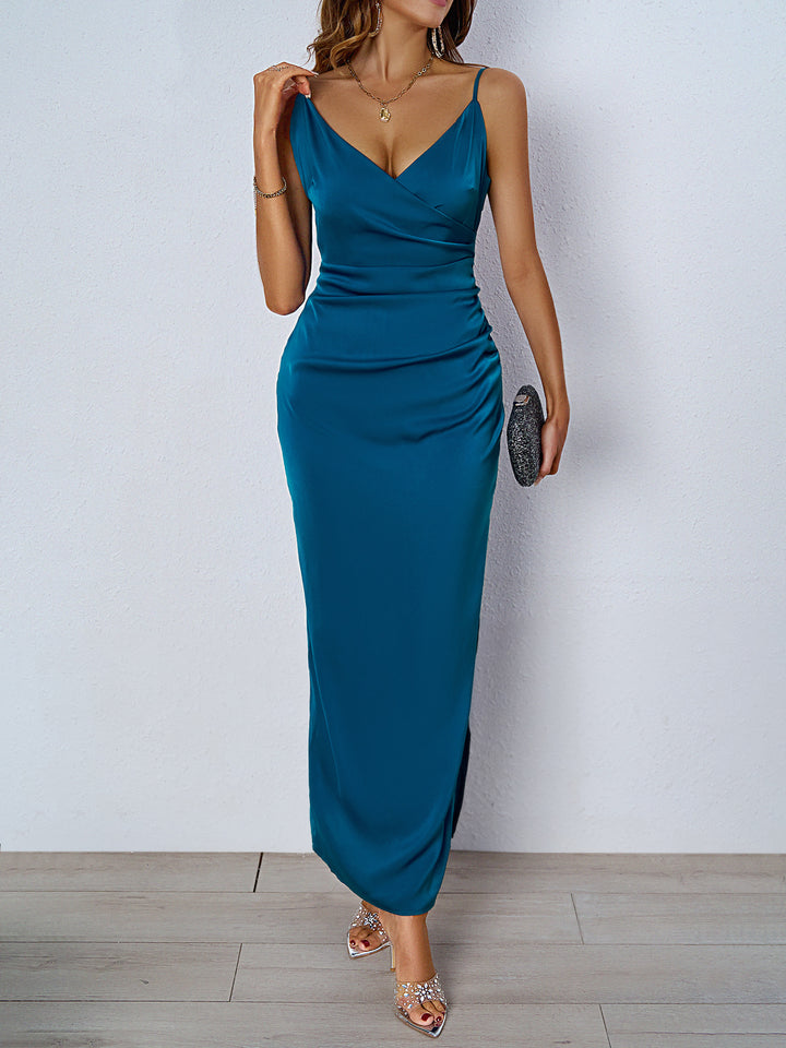 Damen figurbetontes Abendkleid mit V-Ausschnitt und elegantem Drapierungsdesign Drune