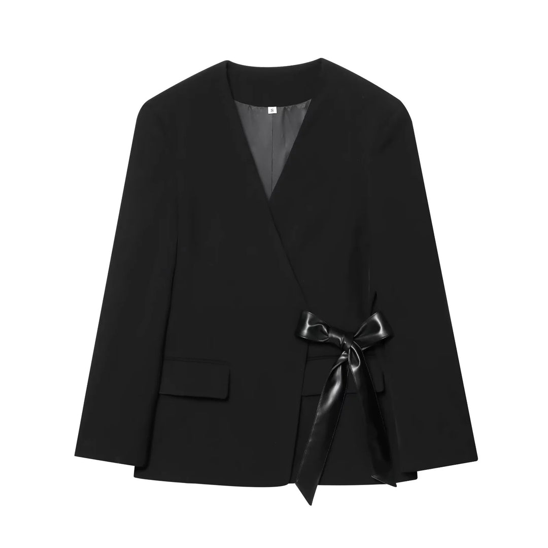 Damen elegante Wickeljacke mit dekorativem Satin-Bindeband Drune